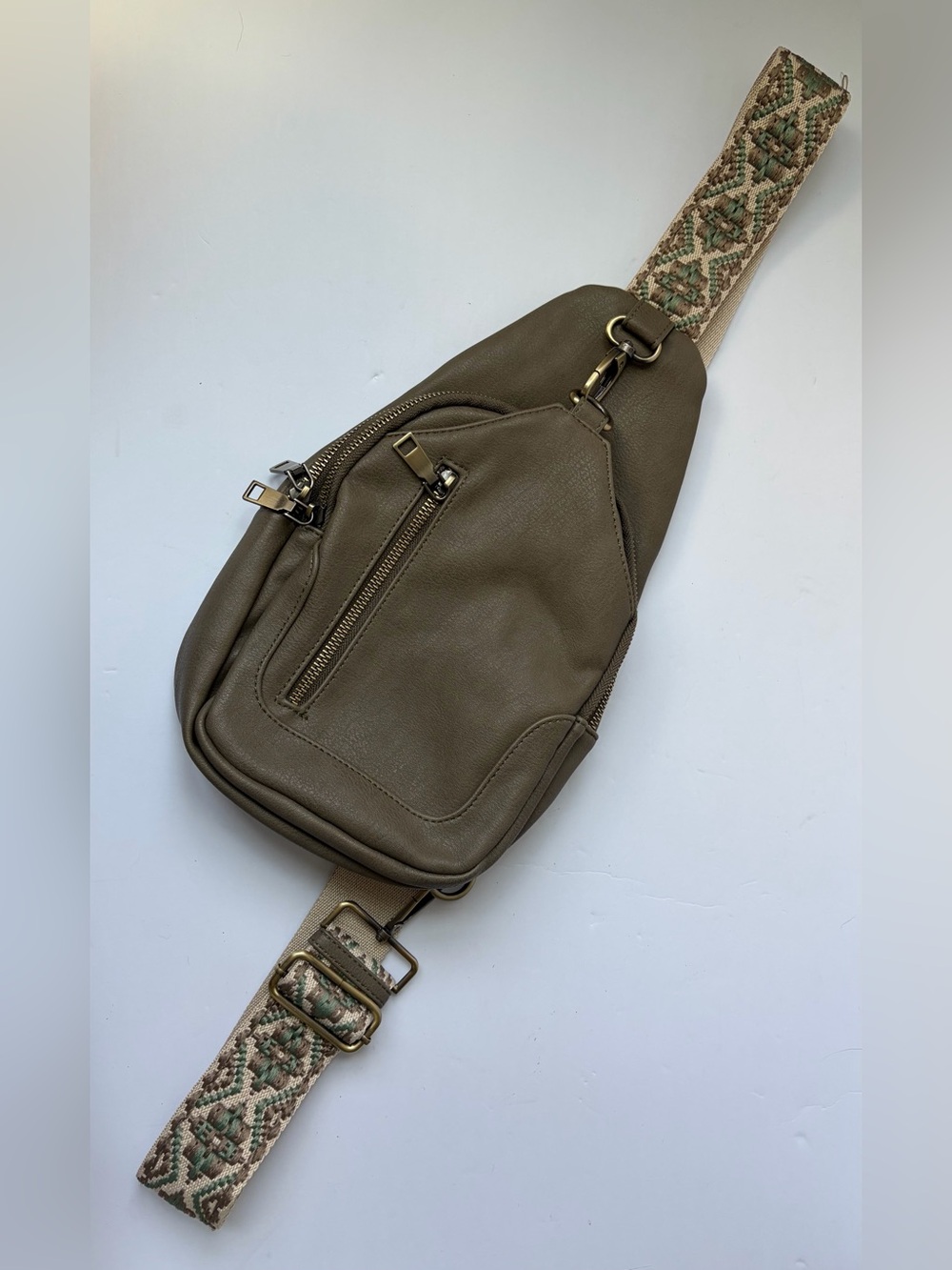 Antik Kraft Tasha Webbing Strap Crossbody Sling Bag in Olive Brown